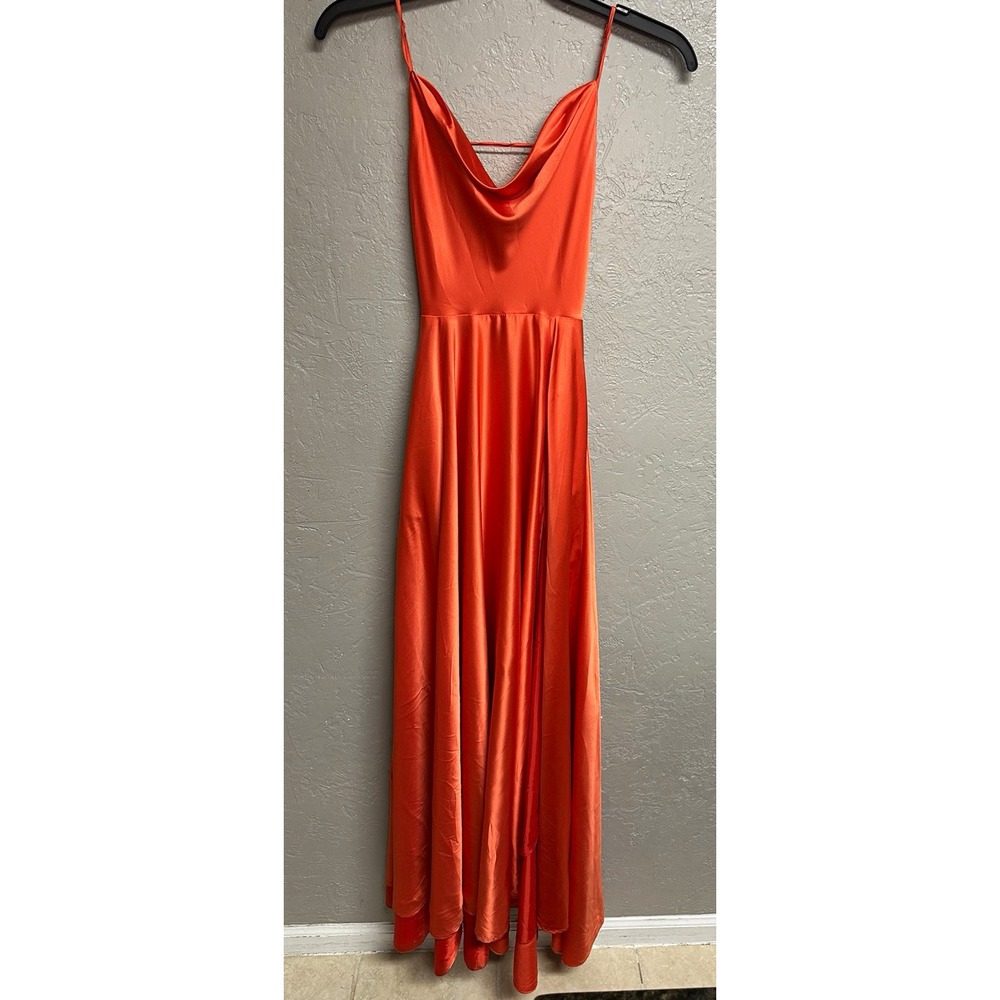 B. Darlin Orange Satin Cowl Neck Spaghetti Strap Backless Long Dress Sz 0
